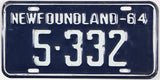 Classic 1964 Newfoundland car license plate grading very good plus