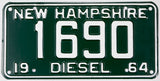 Vintage New Hampshire license plate with text '1690' and '1964 Diesel'.