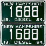 Two New Hampshire diesel license plates from 1964 with the number 1688.