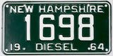 Vintage 1964 New Hampshire diesel license plate in excellent minus condition