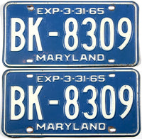 classic pair of 1965 Maryland car License Plates grading very good