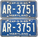 classic pair of 1965 Maryland car License Plates grading very good minus