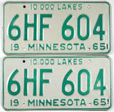 Classic pair 1965 Minnesota car license plates grading very good plus
