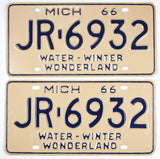 A pair of classic NOS 1966 Michigan passenger automobile license plates for sale by Brandywine General Store in unused excellent condition