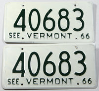 A classic pair of 1966 Vermont Passenger Car License Plates for sale at Brandywine General Store in excellent minus condition