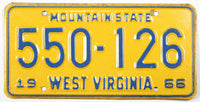 A classic 1966 West Virginia Passenger Automobile license plate for sale by Brandywine General Store in excellent minus condition