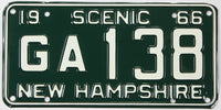 Vintage New Hampshire license plate from 1966 with the text 'SCENIC 66' and 'GA 138'.