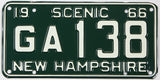 Vintage New Hampshire license plate from 1966 with the text 'SCENIC 66' and 'GA 138'.