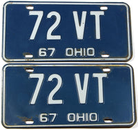 A pair of 1967 Ohio car license plates with great DMV number 72 VT 
