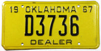 A NOS 1967 Oklahoma dealer license plate for sale by Brandywine General Store in excellent minus condition