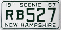Vintage New Hampshire license plate with text '1967 Scenic RB527' on a white background
