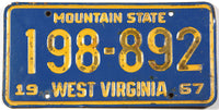 Classic 1967 West Virginia Passenger Car License Plate in very good condition with discoloring of numerals