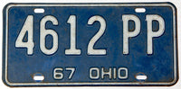 A single 1967 Ohio passenger car license plate for sale by Brandywine General Store in very good minus condition