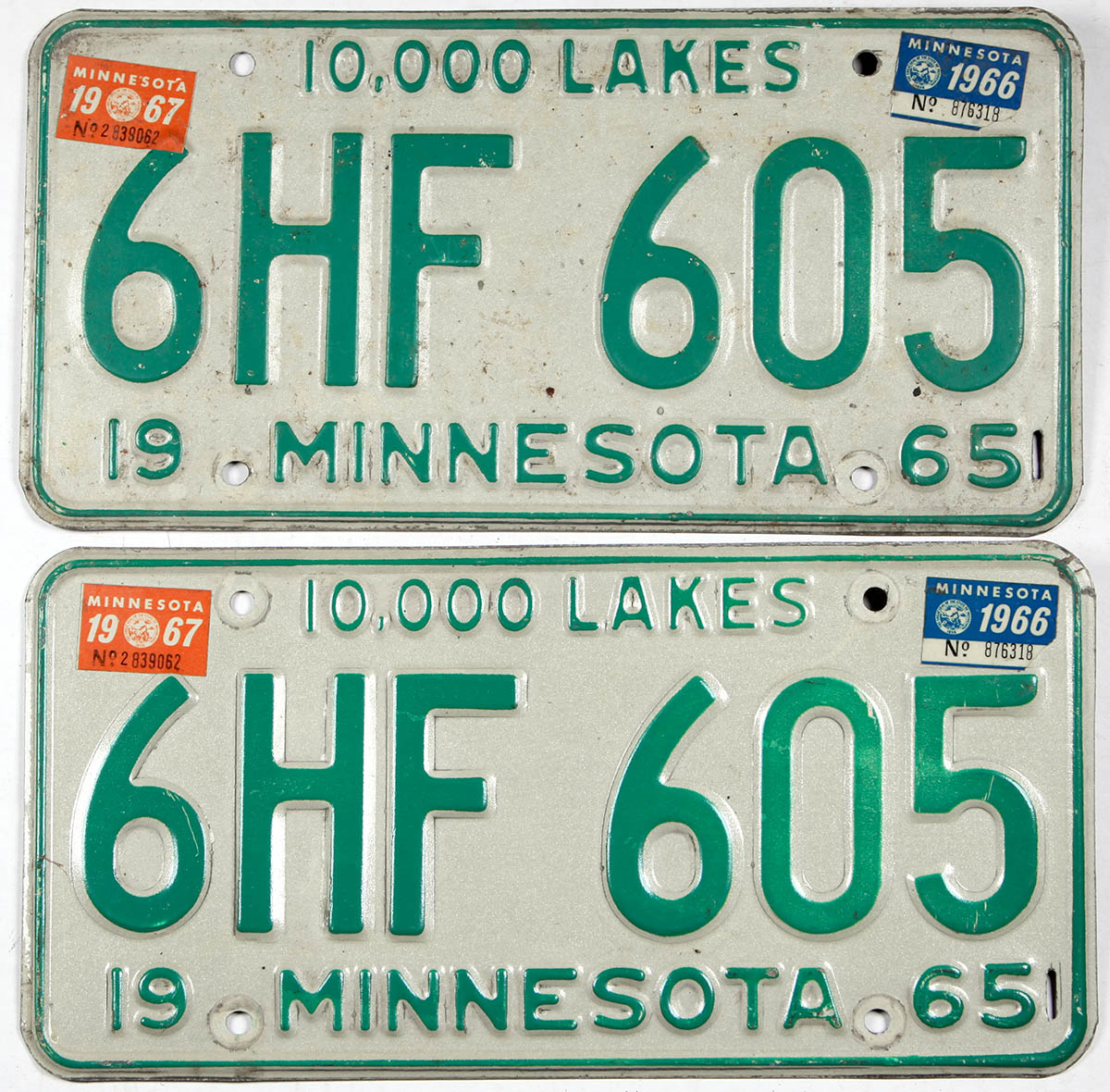 Classic pair 1967 Minnesota car license plates grading an average of around very good