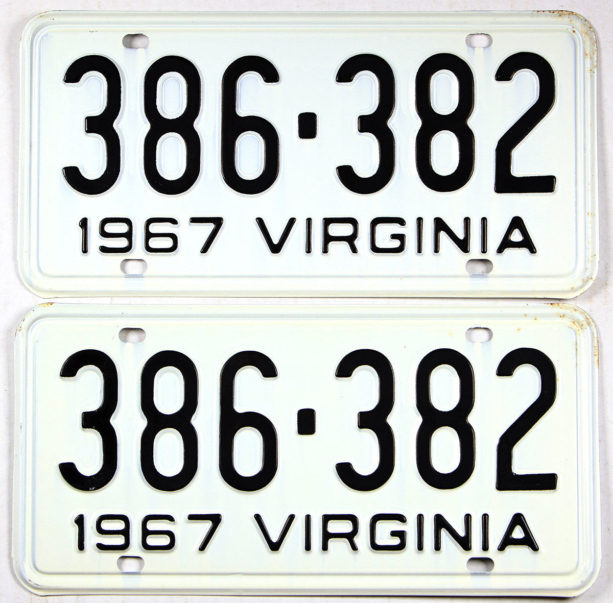 Classic pair of 1967 Virginia car license plates grading excellent minus