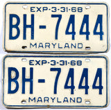 A pair of classic 1968 Maryland Car License Plate for sale by Brandywine General Store in very good condition with bends