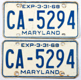 A pair of classic 1968 Maryland Car License Plate for sale by Brandywine General Store in very good condition