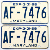 A pair of classic 1968 Maryland Car License Plate for sale by Brandywine General Store in very good plus condition