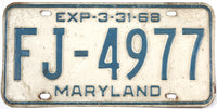 A single classic 1968 Maryland Car License Plate for sale by Brandywine General Store in very good minus condition