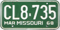 classic 1968 Missouri car license plate grading very good plus