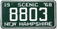 Vintage New Hampshire license plate from 1968 with 'Scenic' and 'New Hampshire' text.