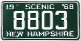 Vintage New Hampshire license plate from 1968 with 'Scenic' and 'New Hampshire' text.