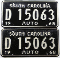 a pair of 1968 South Carolina car license plates grading very good