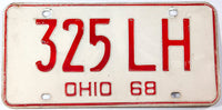 A single 1968 Ohio passenger car license plate for sale by Brandywine General Store in very good condition