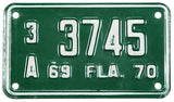 A classic 1969 - 70 Florida Motorcycle License Plate for sale by Brandywine General Store in excellent minus condition