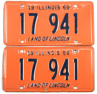 A Pair of classic 1969 Illinois Car License Plates for sale at Brandywine General Store in very good plus condition