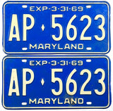 A pair of classic 1969 Maryland passenger car license plates for sale at Brandywine General Store in very good condition