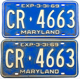 A pair of classic 1969 Maryland passenger car license plates for sale at Brandywine General Store in very good minus condition