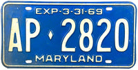 A classic 1969 Maryland car License Plate for sale at Brandywine General Store in very good condition