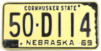 A single classic 1969 Nebraska car license plate for sale by Brandywine General Store. in excellent condition