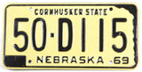 A single classic 1969 Nebraska car license plate for sale by Brandywine General Store. in excellent condition