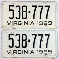 A pair of 1969 Virginia passenger car license plates for sale by Brandywine General Store in very good condition
