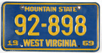 A vintage 1969 West Virginia Passenger Car License Plate for sale by Brandywine General Store in excellent minus condition