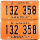 pair of classic 1969 Illinois car license plates grading very good