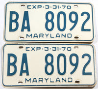 A pair of classic 1970 Maryland passenger car license plate for sale by Brandywine General Store in very good plus condition