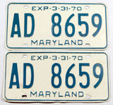 A pair of classic 1970 Maryland passenger car license plate for sale by Brandywine General Store in very good condition