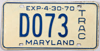 A 1970 Maryland tractor License Plate for sale at Brandywine General Store in very good plus condition