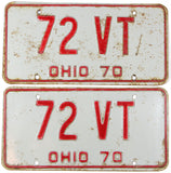 A pair of 1970 Ohio Car License Plate for sale by Brandywine General Store with great DMV #72 VT in good plus condition