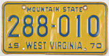 A classic 1970 West Virginia Passenger Car License Plate very good condition with bend