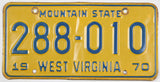 A classic 1970 West Virginia Passenger Car License Plate for sale by Brandywine General Store very good condition with bend