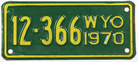 A classic 1970 Wyoming motorcycle license plate for sale by Brandywine General Store in very good plus condition with original envelope