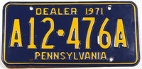 A 1971 Pennsylvania Dealer License Plate for sale by Brandywine General Store in excellent minus condition