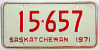 A classic 1971 Saskatchewan Canada passenger car license plate  for sale by Brandywine General Store in very good plus condition