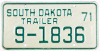 A classic 1971 South Dakota trailer license plate for sale at Brandywine General Store in excellent minus condition