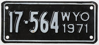 A classic 1971 Wyoming motorcycle license plate for sale by Brandywine General Store in excellent minus condition