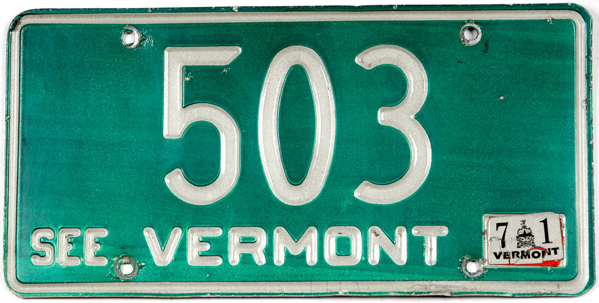 Classic 1971 Vermont car license plate low DMV # of 503 grading very good plus